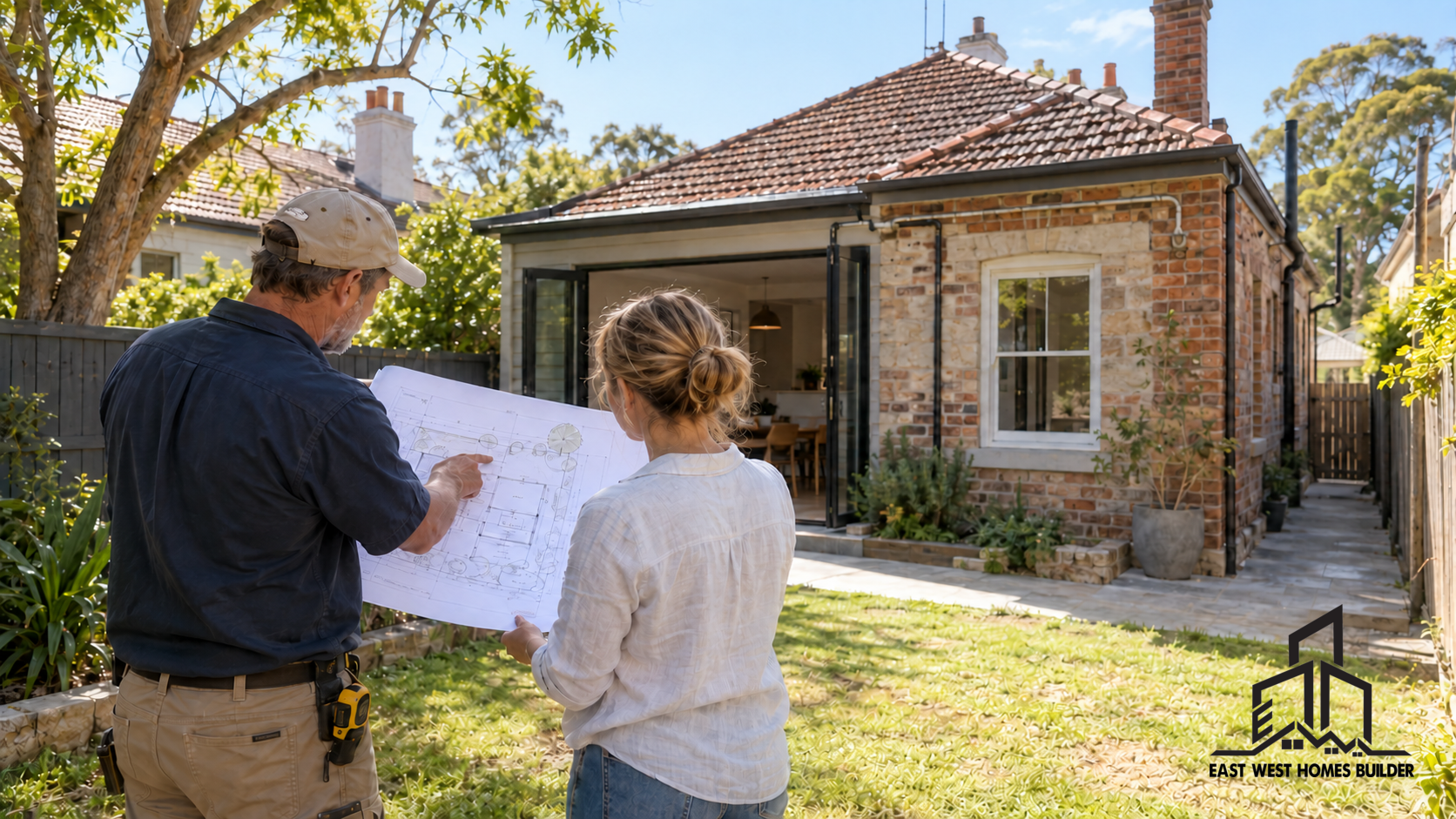 Builder and homeowner reviewing plans before an Epping home extension