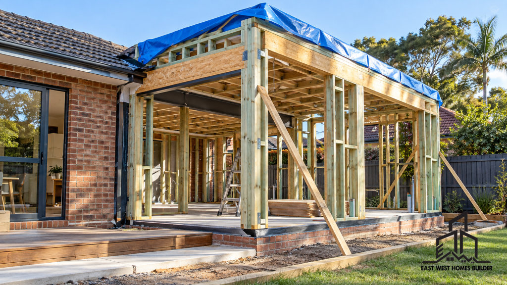 Timber-framed home extension under construction with official East West Homes Builder logo