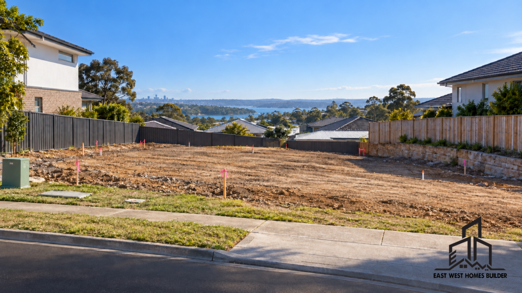Cleared Sydney building block with official East West Homes Builder logo