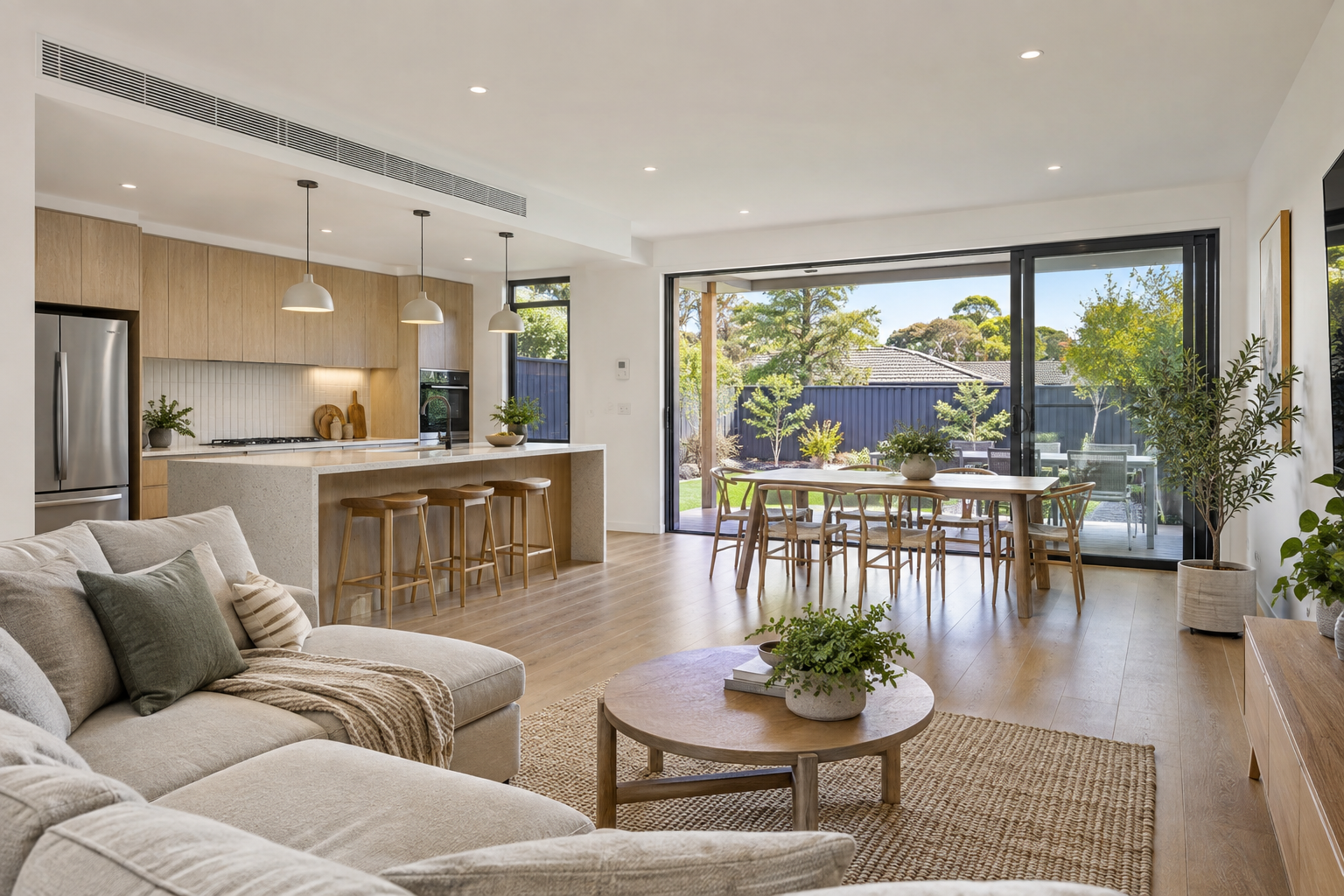 Illustrative open-plan kitchen, dining and living renovation in an Epping home