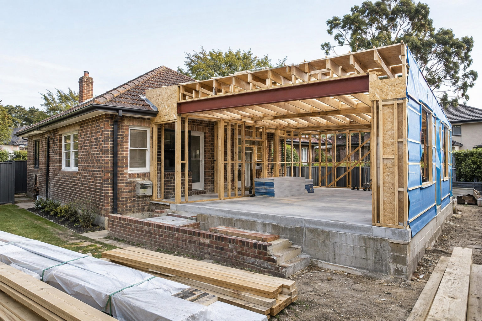 Illustrative structural home renovation showing retained brickwork and a new rear extension in Epping